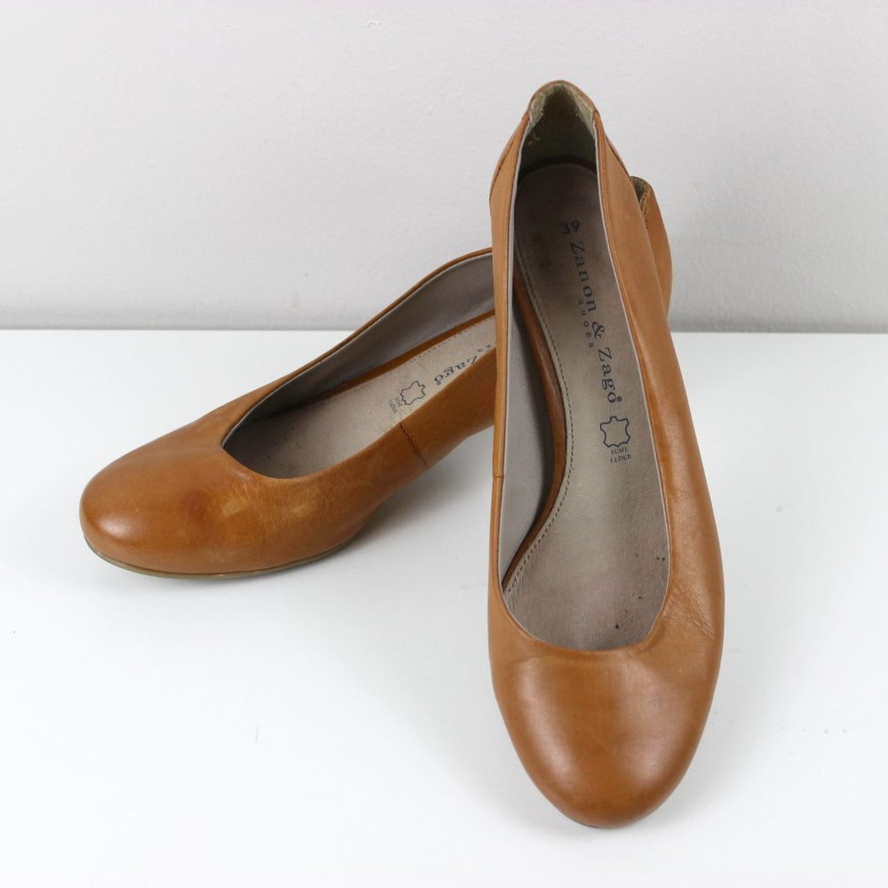 Zanon & Zago Tan / Light Brown German Leather Block Heel Comfort Pumps Size 39